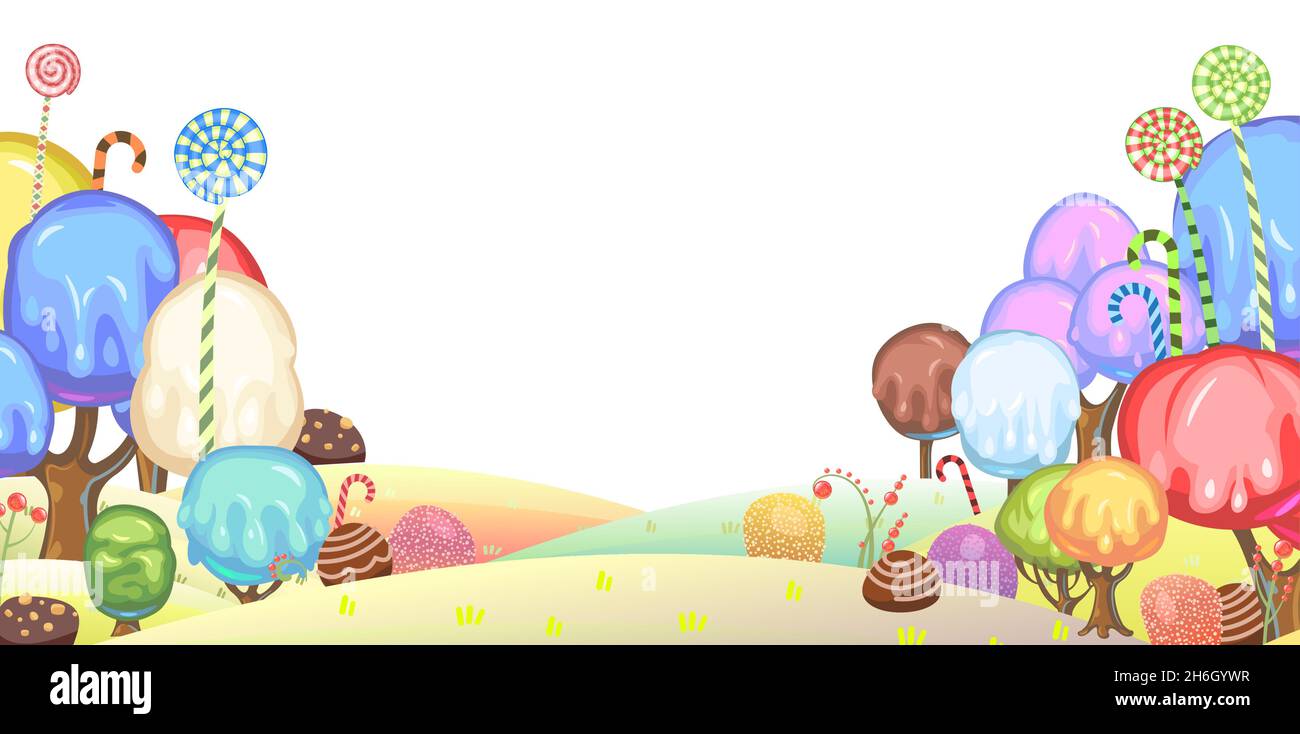 Candy-Hintergrund. Cartoon süßes Land. Perlen aus Gelee, Eis und Karamell. Schokolade. Niedliche Kinder Märchen Landschaft. Abgelegen fantastisch Stock Vektor