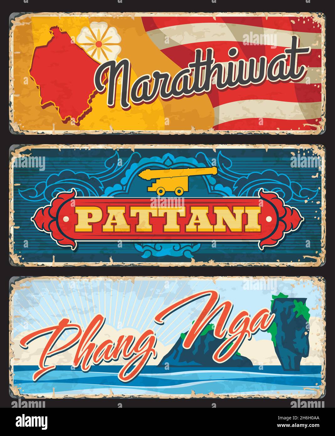 In den Provinzen Narathiwat, Pattani und Phang Nga Thailand wurden Vintage-Platten hergestellt. Thailand Provinzen grunge Reise Aufkleber, Zinn Schilder mit Gebiet Karte Silhouett Stock Vektor