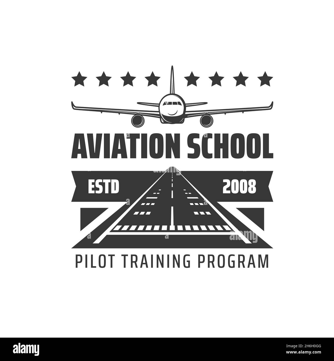 Symbol für das Schulungsprogramm der Pilotschule. Akademie der zivilen Luftfahrt, monochrome Vektor-Emblem der Flugschule, Retro-Symbol mit Passagierflugzeug, Verkehrsflugzeug landi Stock Vektor