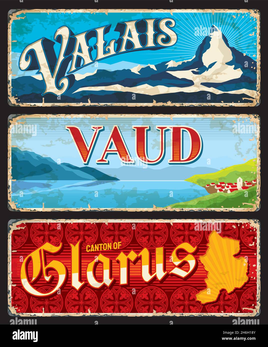 Die Schweizer Kantone Wallis, Waadt und Glarus. Vector Vintage Banner mit der Schweiz Reisen touristischen Sehenswürdigkeiten, Siedlung auf See, Karte und Berg Stock Vektor