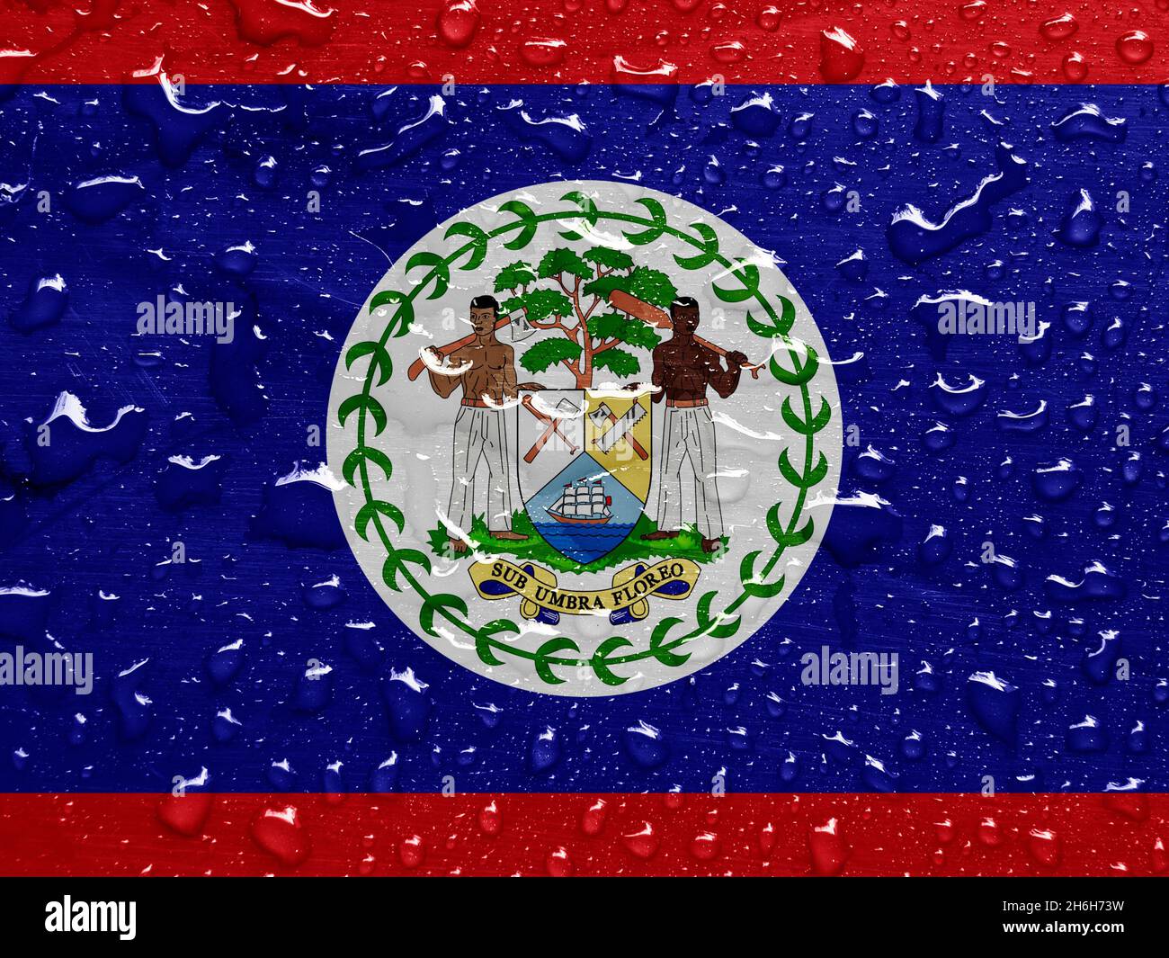 Flagge von Belize mit Regentropfen Stockfoto