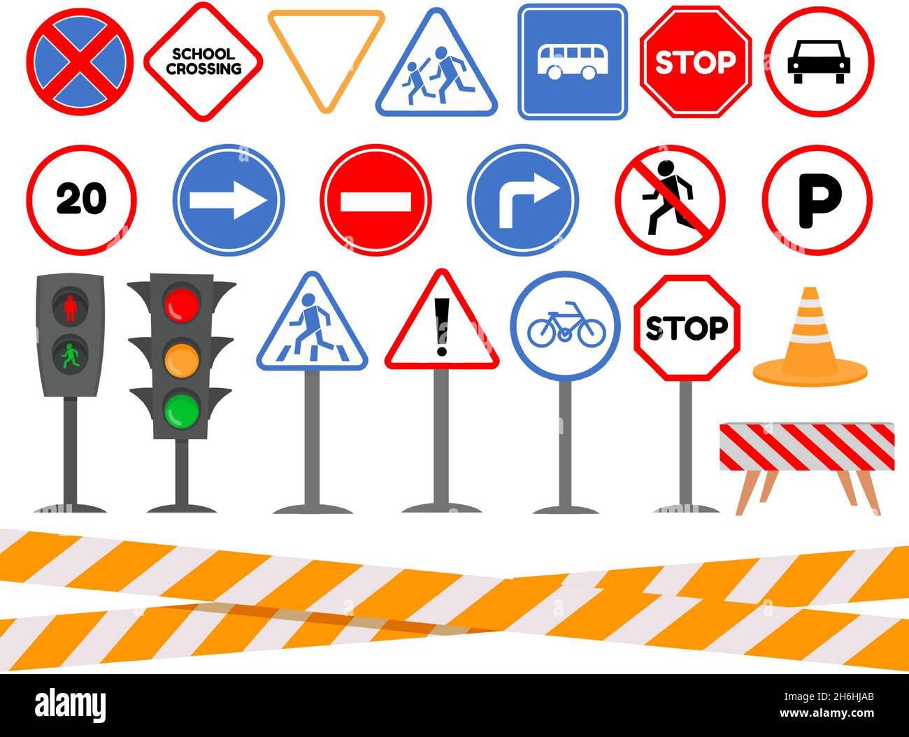 Cartoon-Ampel und Straßenschilder für die Sicherheit von Kindern. Vorsicht- und Warnsignale für Autos und Fußgänger. Vektor für Verkehrsregeln festgelegt Stock Vektor