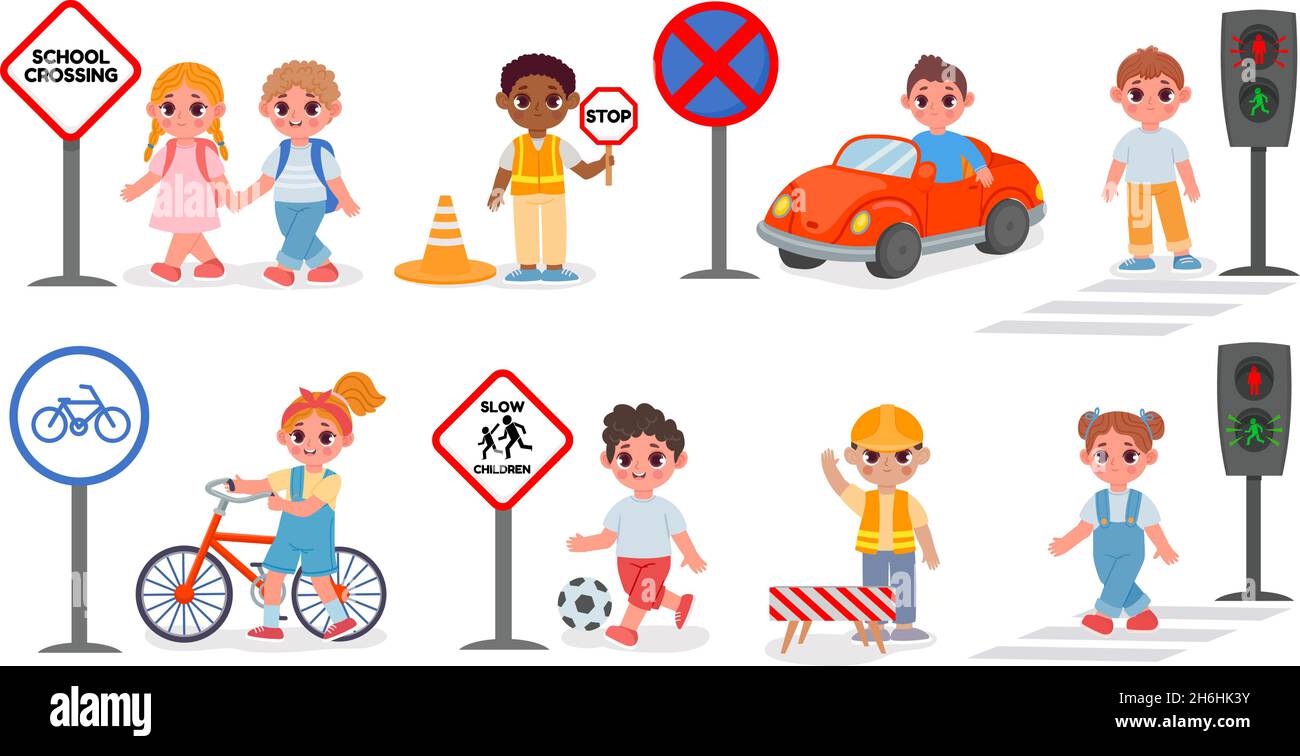 Straßensicherheit, Schilder und Straßenregeln für Schulkinder. Ampelkreuzung für Stopp und Stopp. Kinderfahrrad und Auto. Cartoon Straße Bildung Vektor-Set Stock Vektor