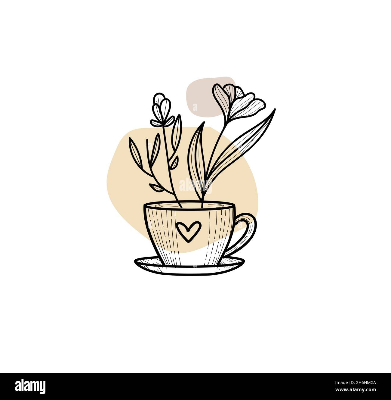 Abstrakte Kaffeetasse mit floralen Umriss Vektor-Illustration, handgezeichnete Hauspflanzen in Töpfen Stock Vektor