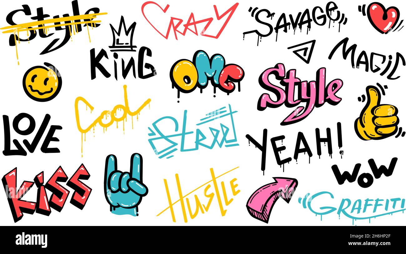 Abstrakte Street-Graffiti-Schriftzüge mit Grunge-Schriften. Urban Savage Sprühfarbe Kunst. Cool Teenager Graffiti Cartoon Design Vektor gesetzt Stock Vektor