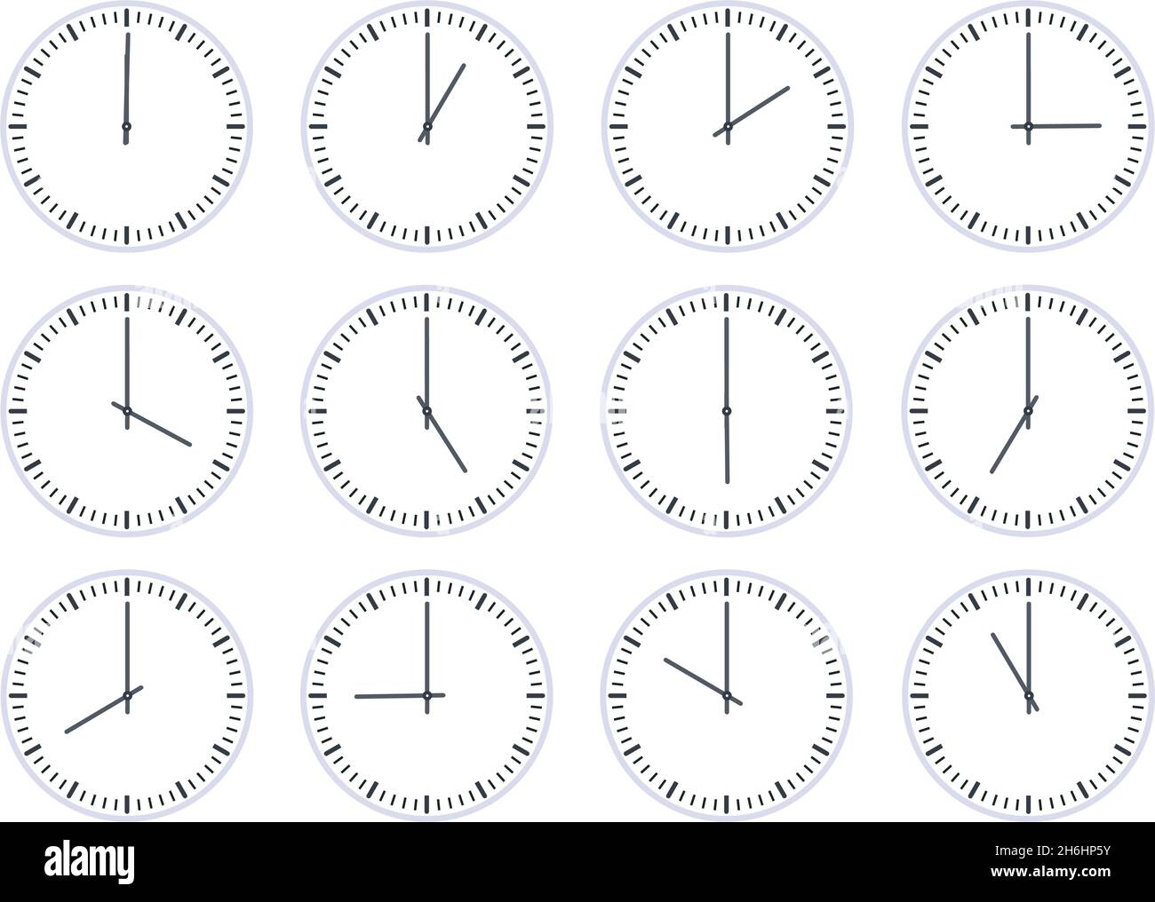 Die analoge Kreisuhr zeigt das Symbol „Uhrzeit pro Stunde“ an. Flaches Ziffernblatt mit 12 Uhr, Timer-Animation. Wanduhren ein bis zwölf Stunden Vektorsatz Stock Vektor
