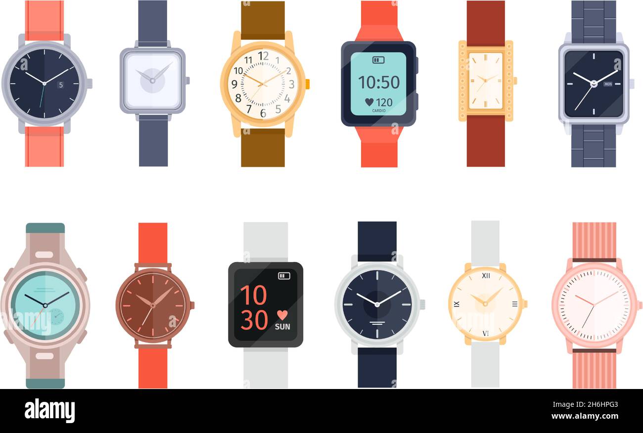 Cartoon Luxus Gold Armbanduhren und Gadget Smart-Uhr. Mode Frauen und Männer Accessoire Armbanduhren. Uhr mit Armband Vektor-Set Stock Vektor