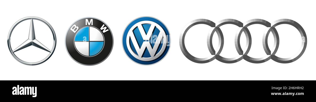 Vinnitsa, UKRAINE - 14. DEZEMBER 2020: Logos beliebte deutsche Automobilmarken: Mercedes, audi, BMW und Volkswagen Stockfoto