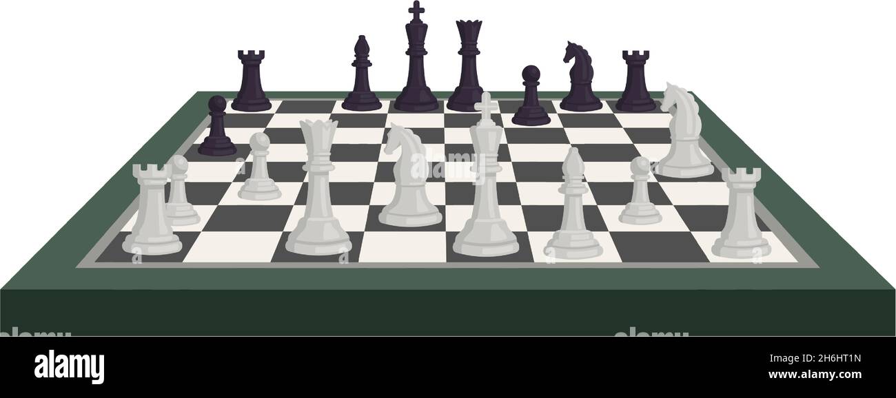 Cartoon Schachbrett mit Schachfiguren, Strategiespiel Turnier. Schachfiguren auf schwarz weiß kariertem Brett. Logisches Spiel Vektor-Konzept Stock Vektor