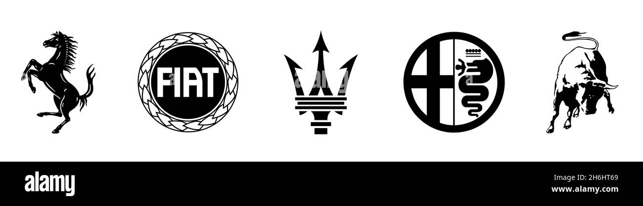 Kiew, Ukraine, 14. November 2020: Logos der italienischen Automobilmarken: Fiat, Maserati, Lamborghini, Ferrari, Alfa Romeo, vektorsymbole Stock Vektor