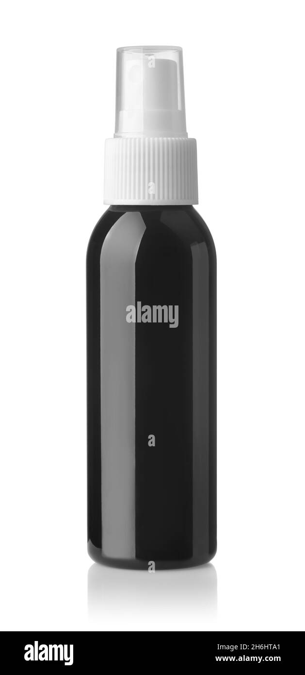 Vorderansicht der schwarzen Spritzflasche aus Kunststoff, isoliert auf Weiß Stockfoto
