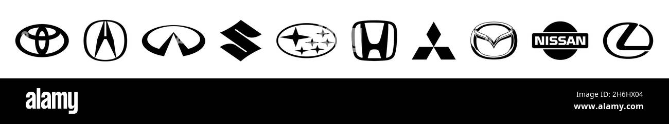 Kiew, Ukraine - 15. November 2020: Sammlung japanischer Auto-Logos auf weißem Papier gedruckt: Mazda, Honda, Mitsubishi, Toyota, Nissan, Subaru, Suzuki Stock Vektor