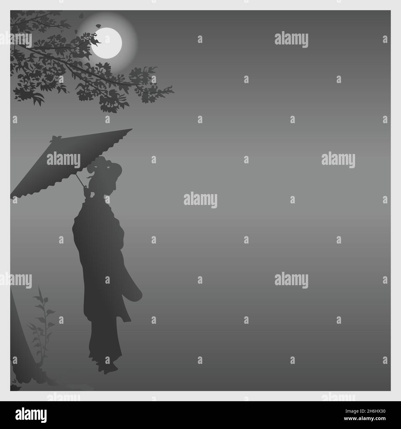 Vektor-Design der Silhouette Geisha mit Regenschirm unter dem Mondlicht, Schönheit mit Regenschirm im Mondlicht. Stock Vektor