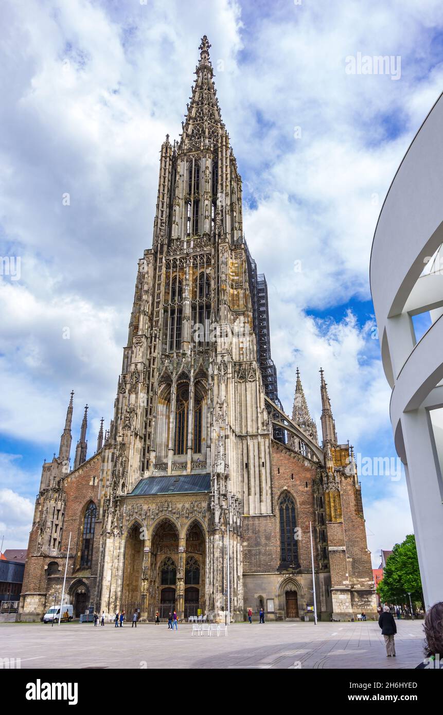 Ulm, Baden-Württemberg, Deutschland: Blick nach Westen auf das weltberühmte Münster mit dem höchsten Kirchturm der Welt, einem Dom aus dem Jahr 1377. Stockfoto