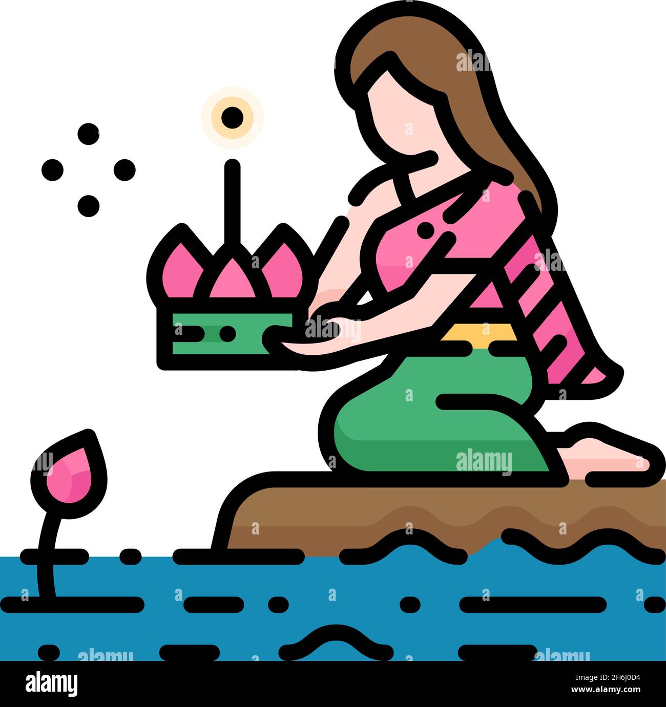 Loi Krathong Festival gefüllt Umriss Symbol Vektor Illustration. Thailändische Frau mit traditioneller Kleidung schwimmende Krathong. Loi Krathong ist ein thailändischer Floa Stock Vektor