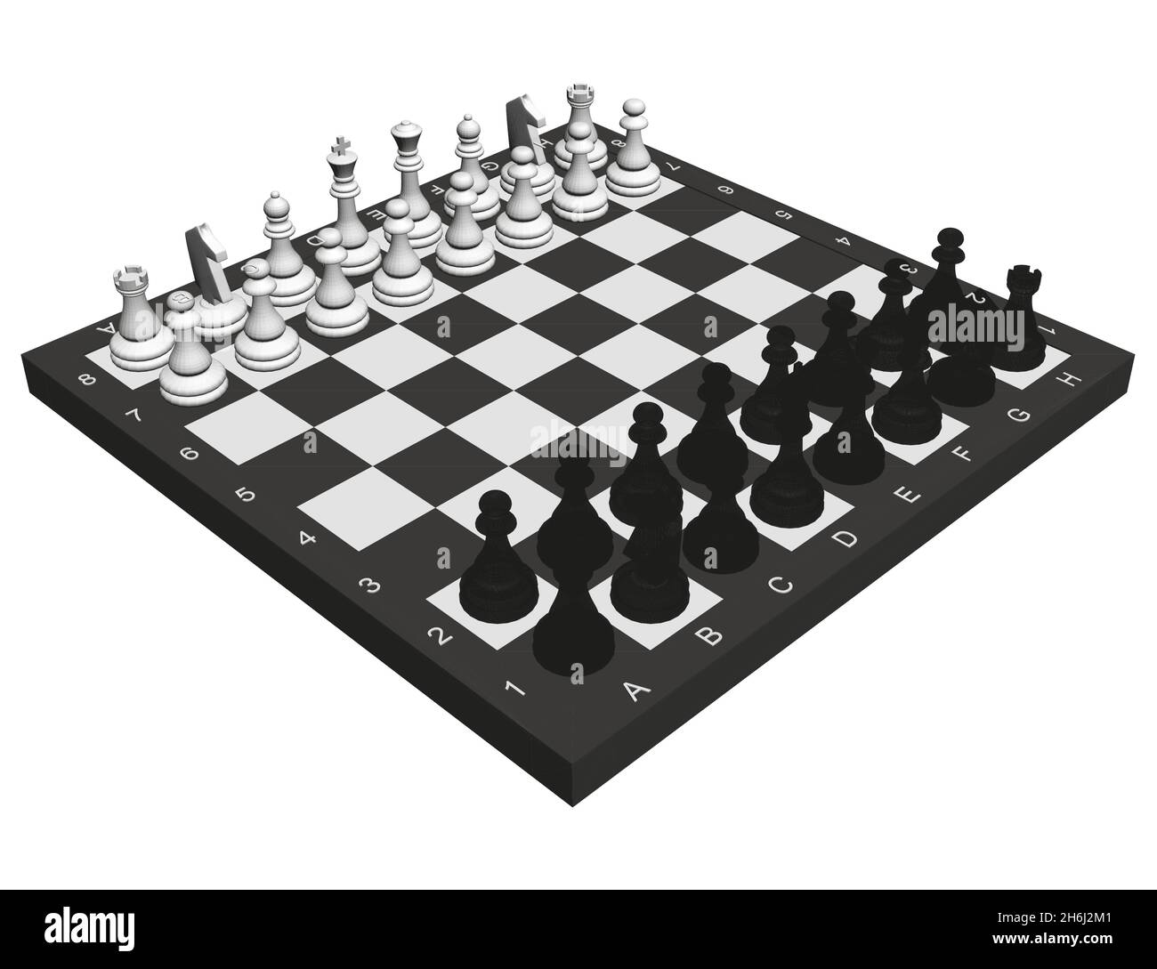 Schachfiguren auf einem Schachbrett isoliert auf weißem Hintergrund. Isometrische Ansicht. 3D. Vektorgrafik Stock Vektor