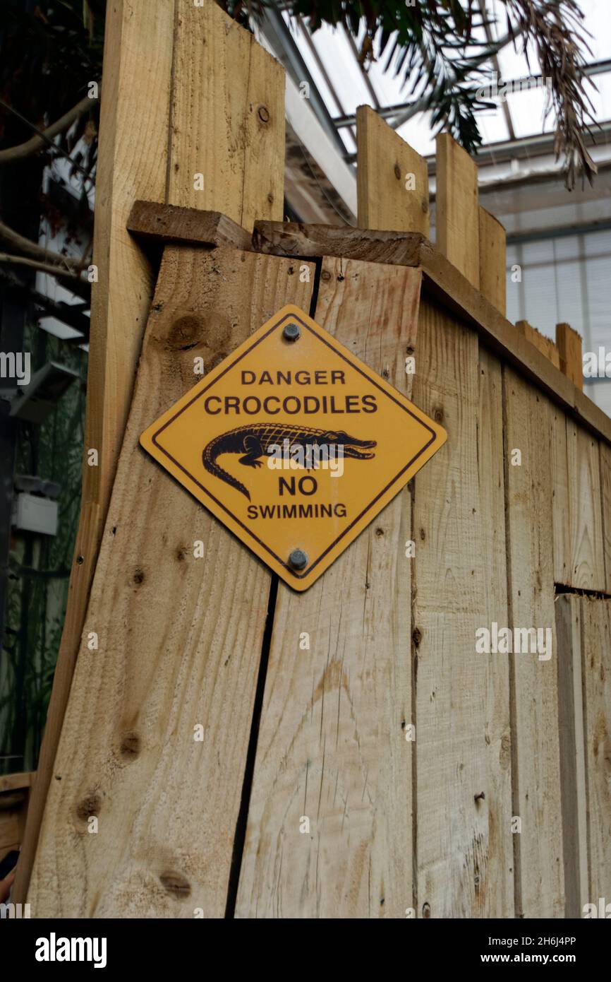Schild „Gefahr Krokodile schwimmen nicht“, Paignton Zoo, Paignton, Devon. Stockfoto