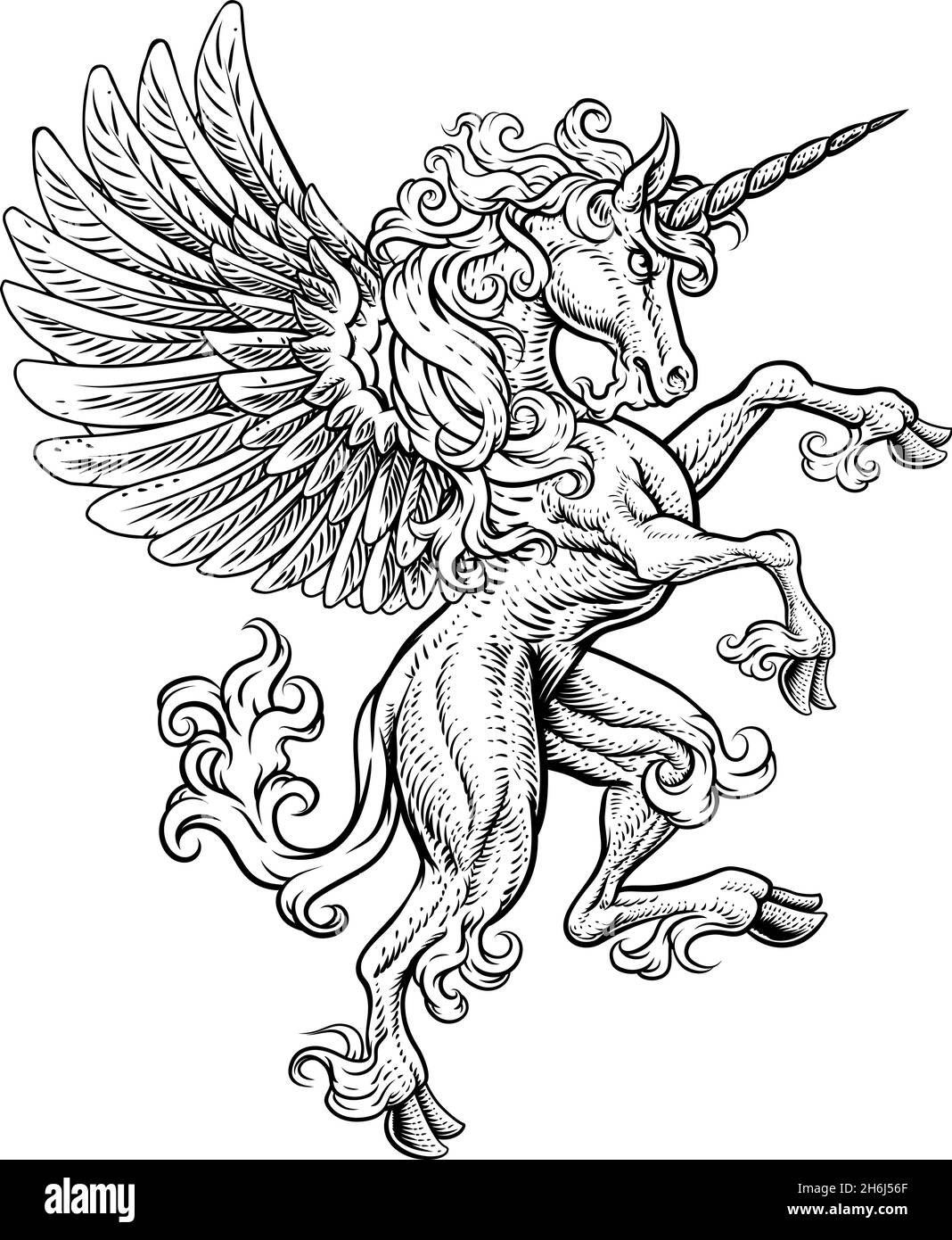 Pegasus Einhorn Aufzucht Grassierende Crest Wings Horse Stock Vektor