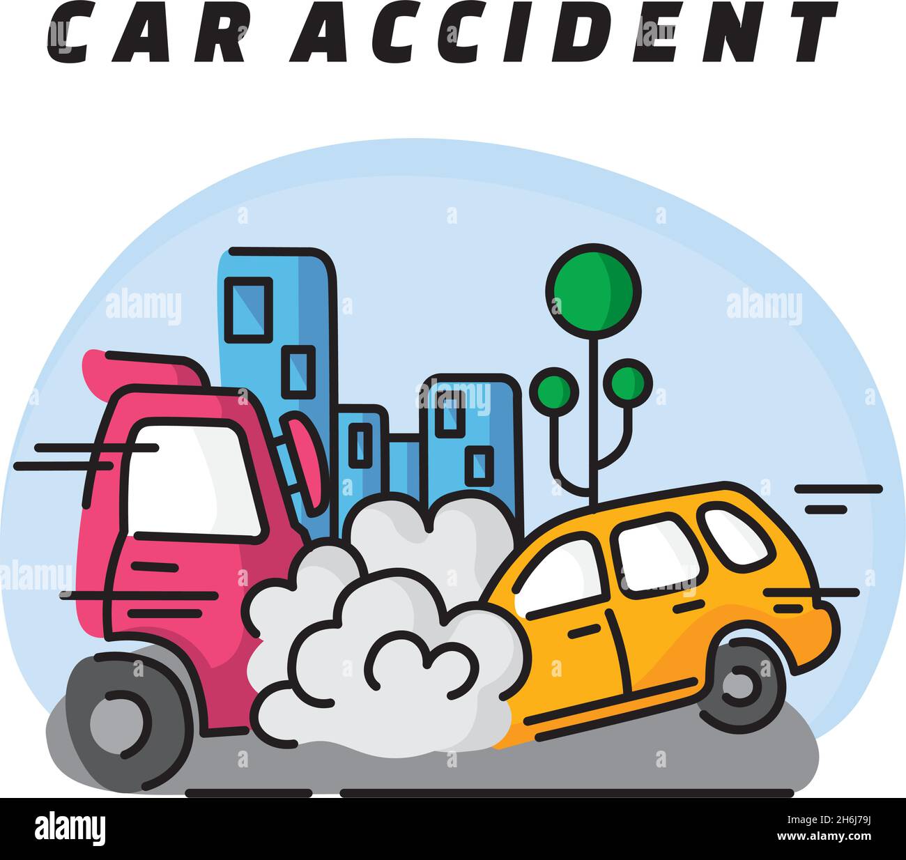 Autounfall, bei dem beide Parteien beschädigt werden. Fahrzeughalter können für den Unfall eine Versicherung beantragen. Manchmal ist die Hilfe eines Gesetzmäus notwendig Stock Vektor