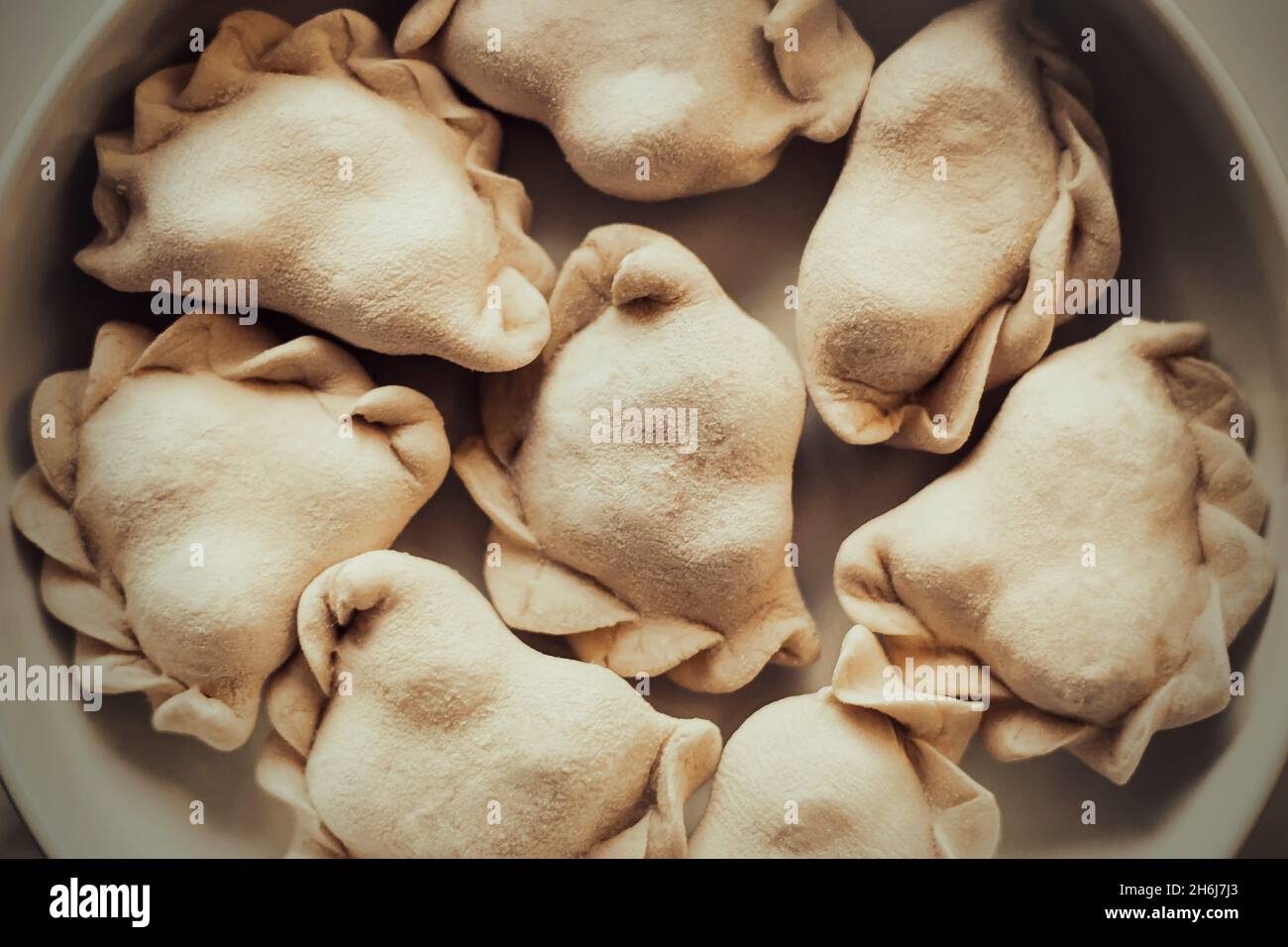 Draufsicht auf köstliche gefrorene hausgemachte Knödel, die auf einem großen Teller liegen. Teig mit verschiedenen Füllungen innen. Gefrorene Halbzeuge. Russisch Stockfoto
