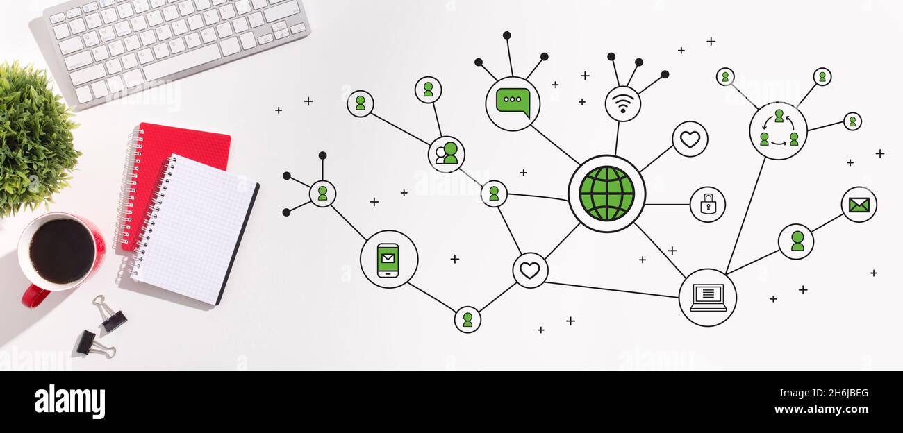Globales Unternehmensnetzwerk. Verschiedene Flache Symbole Über Dem Schreibtisch Im Büro Stockfoto