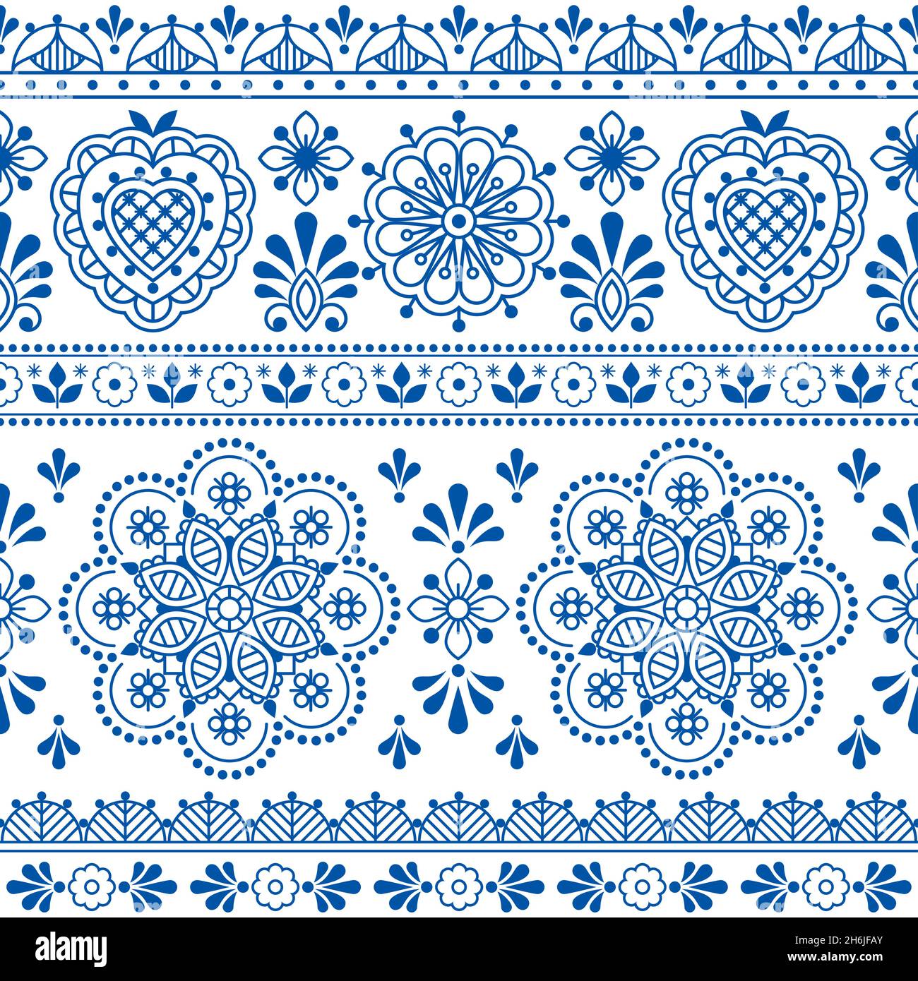 Skandinavische Volkskunst blau Vektor nahtlose Textil- oder Stoffdruck, ncute repetitve Design mit Blumen inspiriert von Spitze und Stickerei Hintergründe Stock Vektor