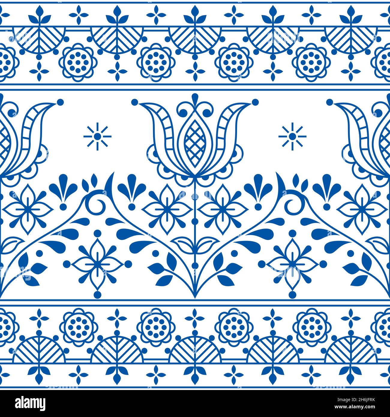 Floral Folk Umriss Vektor nahtlose Muster mit Blumen und Rahmen, ornamentall Design mit Blumen inspiriert von Spitze und Stickerei skandinavische Kunst Stock Vektor