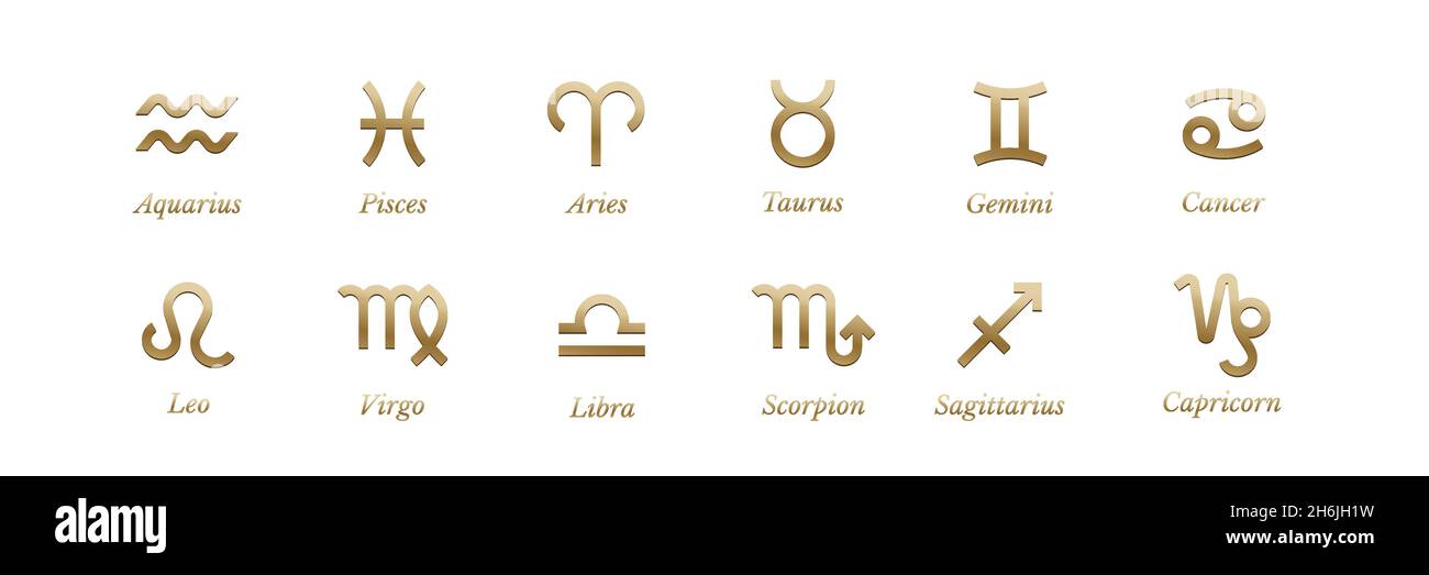 Goldene Tierkreiszeichen mit Namen auf weißem Hintergrund. Astrologie Symbole und Horoskop Vektor Illustration. Glänzendes Metall wassermann, fische, widder, Taurus Stock Vektor