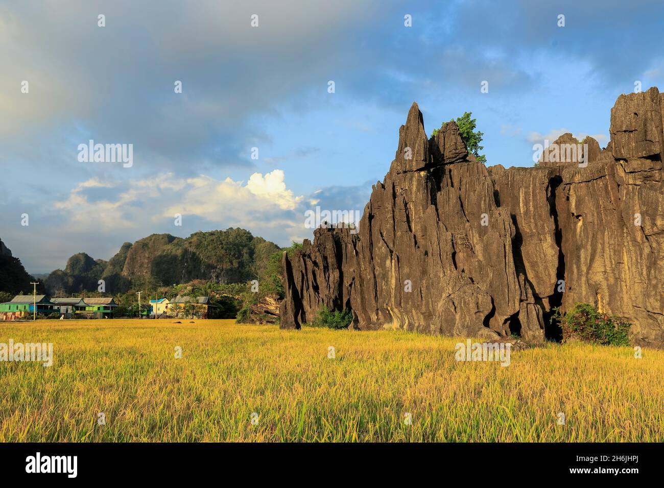 Erodierter Kalkstein und Dorf Salenrang in der Karstregion, Rammang-Rammang, Maros, Süd-Sulawesi, Indonesien, Südostasien, Asien Stockfoto