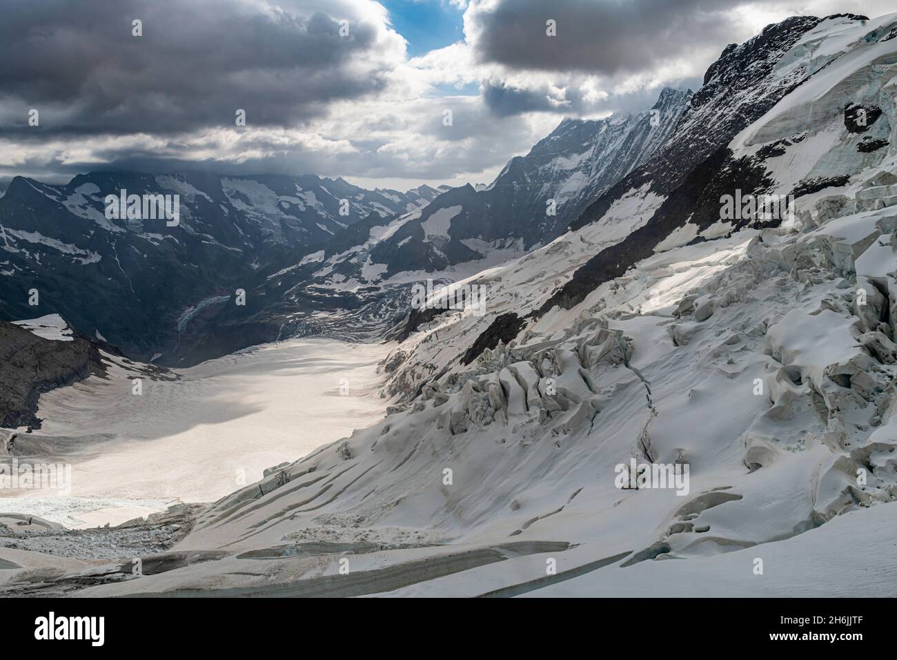 Blick über den Aletschgletscher vom Jungfraujoch, Berner Alpen, Schweiz, Europa Stockfoto