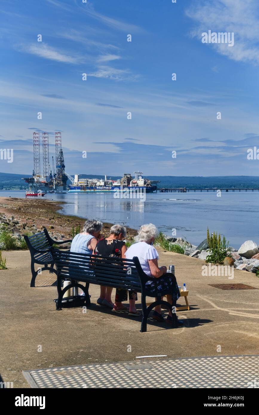 Damen-Picknick, Blick nach Norden über Cromarty Firth zur Nigg Bay, von Cromarty Village, Black Isle, schöner klarer sonniger Tag, friedlich, ruhig, Ölbohrinseln Stockfoto