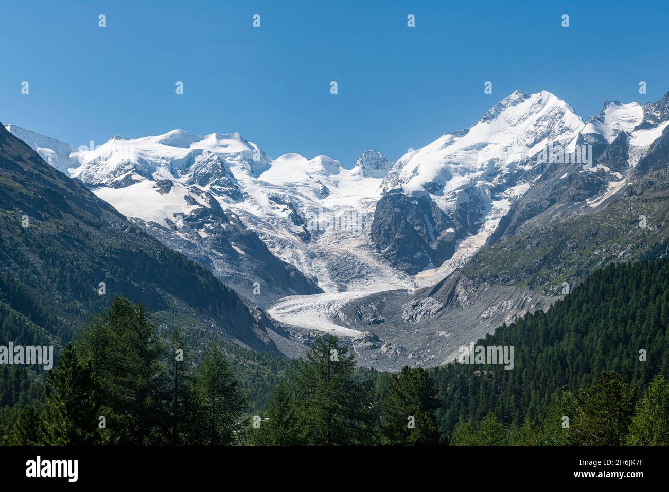 Piz Bernina und sein Gletscher, St. Moritz, Engadin, Graubünden, Rhätische Alpen, Schweiz, Europa Stockfoto