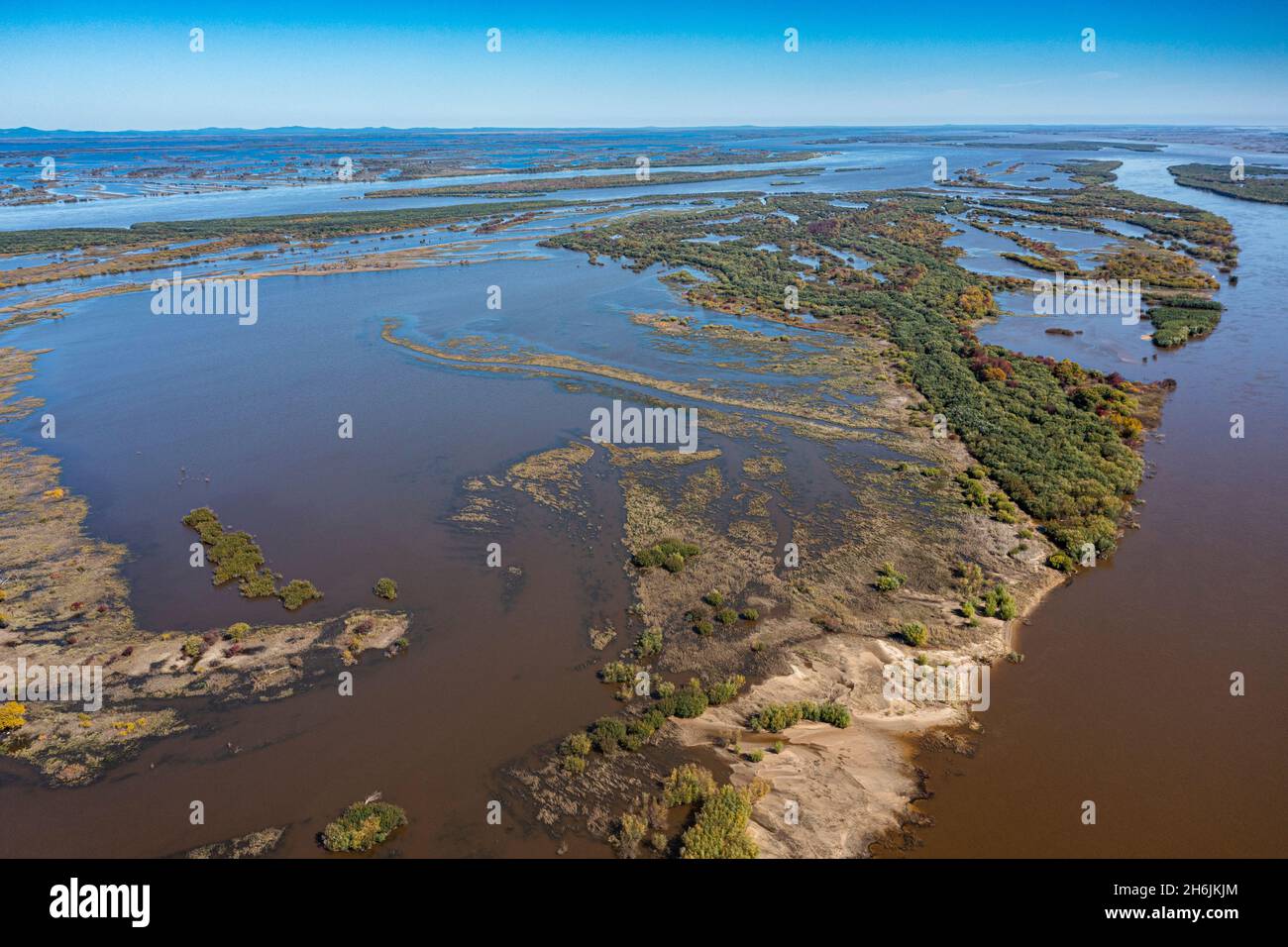 Luftaufnahme des Flusses Amur, Chabarowsk, Chabarowsk Region, Russland, Eurasien Stockfoto