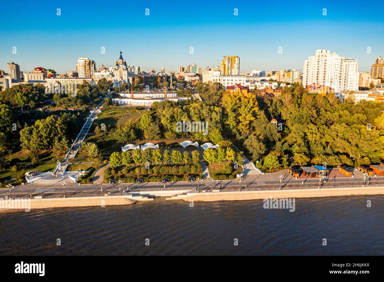 Luftaufnahme von Chabarowsk und dem Fluss Amur, Region Chabarowsk, Russland, Eurasien Stockfoto