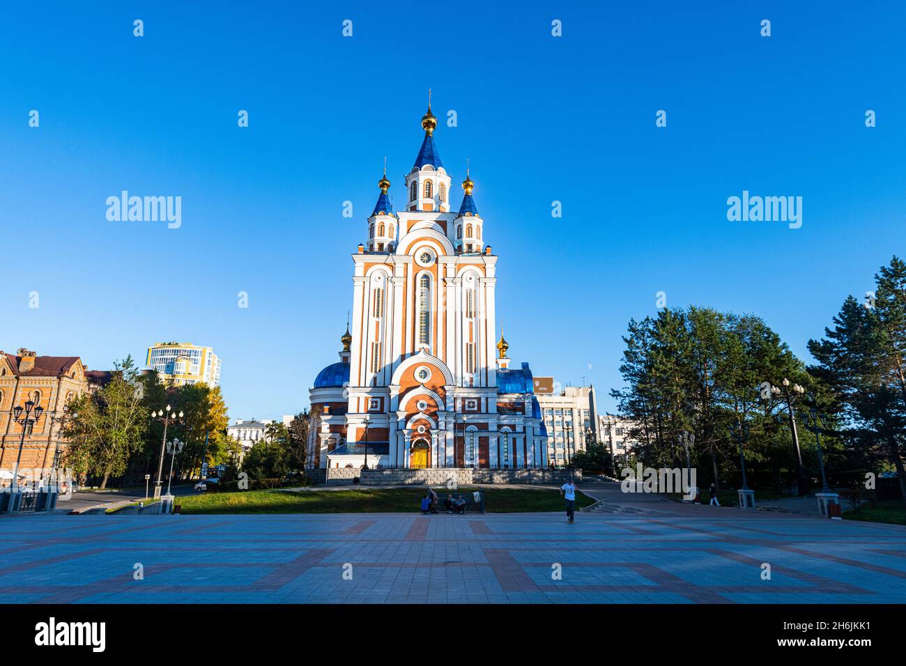 Uspenski Kathedrale der Himmelfahrt auf dem Komsomolplatz, Chabarowsk, Chabarowsk Region, Russland, Eurasien Stockfoto
