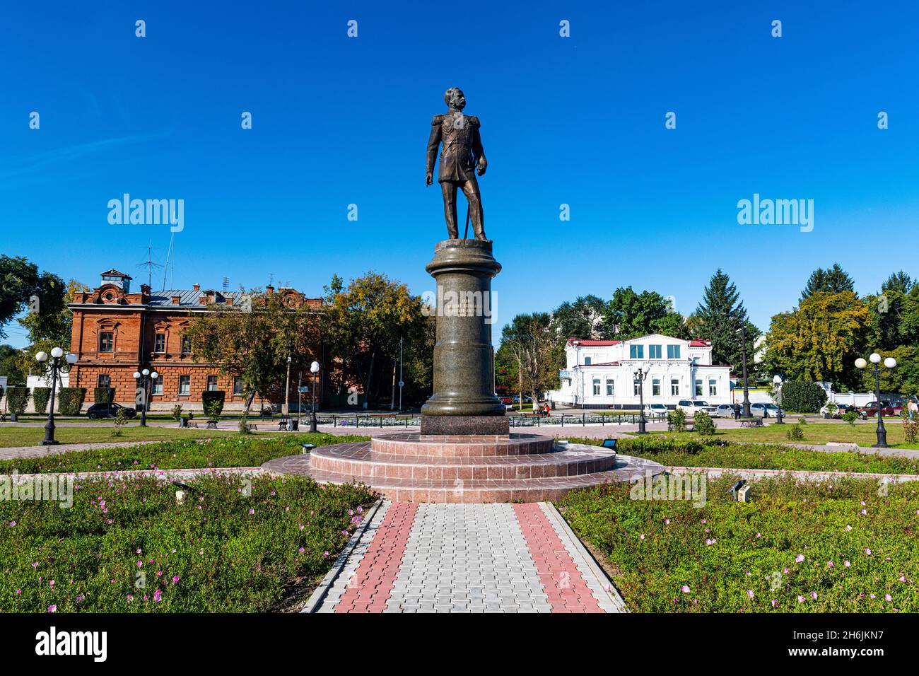 Denkmal für Nikolaj Murawjow-Amurski, Ufer des Flusses Amur, Blagoweschtschensk, Gebiet Amur, Russland, Eurasien Stockfoto