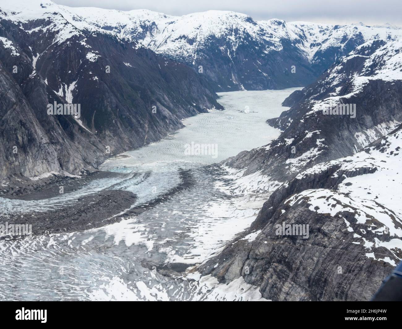 Luftaufnahme des Leconte-Gletschers, der vom Stikine Ice Field bei Petersburg, Südost-Alaska, USA, Nordamerika, fließt Stockfoto