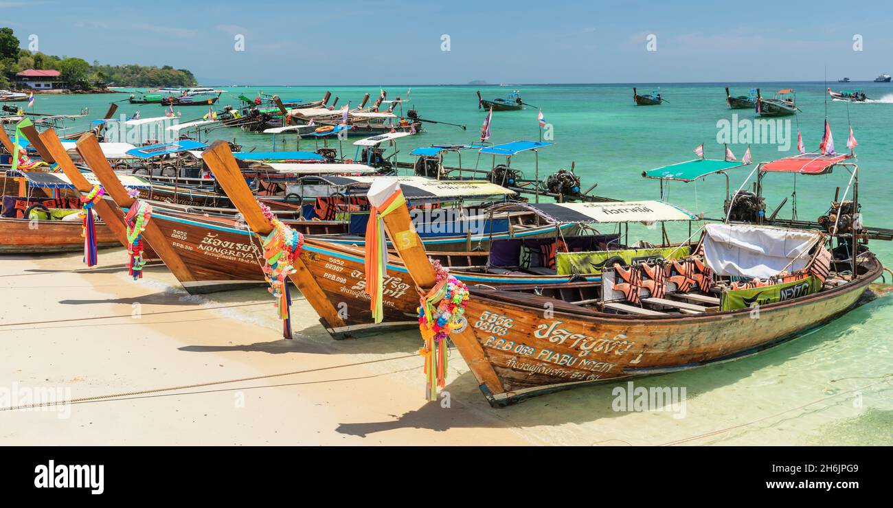 Longtail-Boote auf Ao Ton Sai Beach, Ko Phi Phi Don, Krabi, Thailand, Südostasien, Asien Stockfoto