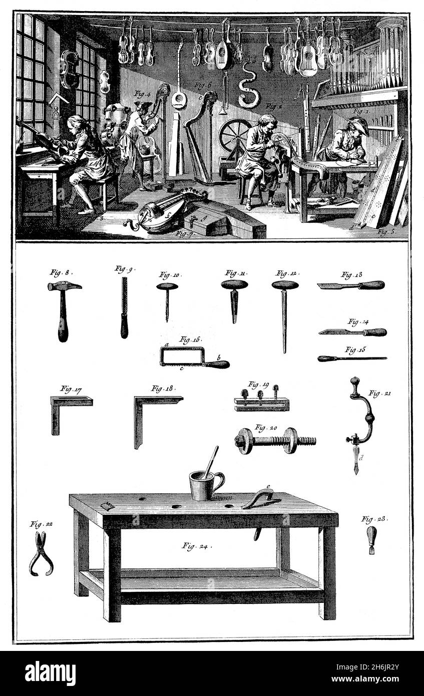 Historische Illustration, Werkstatt für Musikinstrumente, 17. Jahrhundert Stockfoto