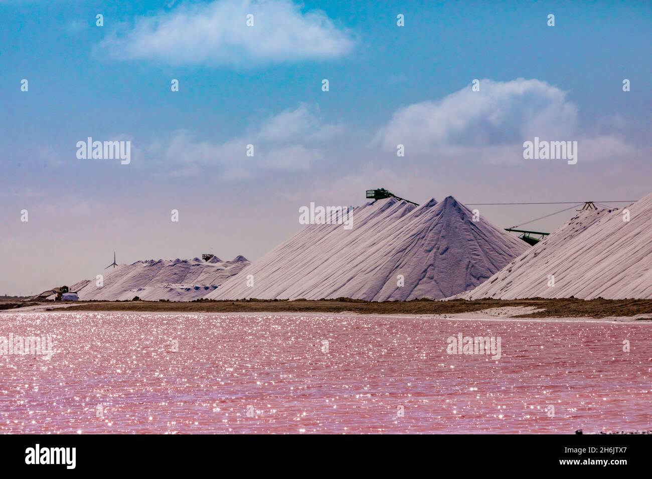 Rosafarbenes Meer mit Blick auf die Salzpyramiden von Bonaire, Niederländische Antillen, Karibik, Mittelamerika Stockfoto