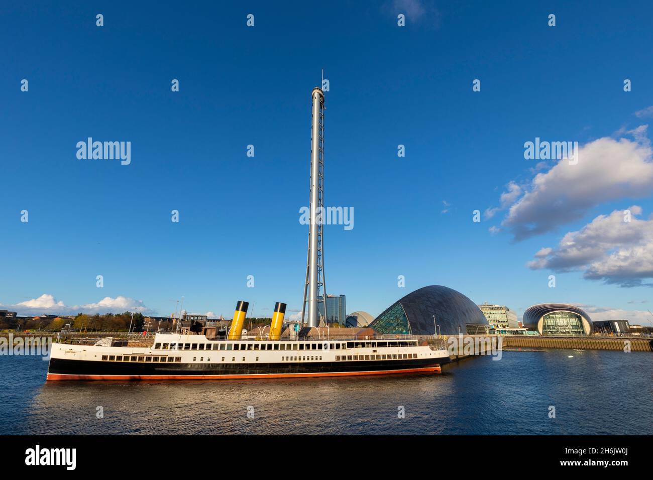 T.S. Queen Mary, Glasgow Tower and Science Center, River Clyde, Glasgow, Schottland, Vereinigtes Königreich, Europa Stockfoto