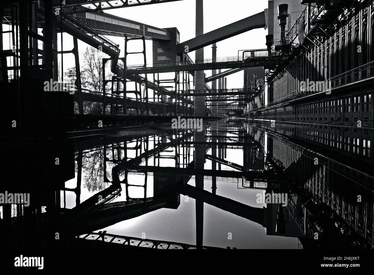 Deutschland, NRW, Essen, Zeche Zollverein; Reflexionen in der Wasseroberfläche neben der Kokerei. Stockfoto