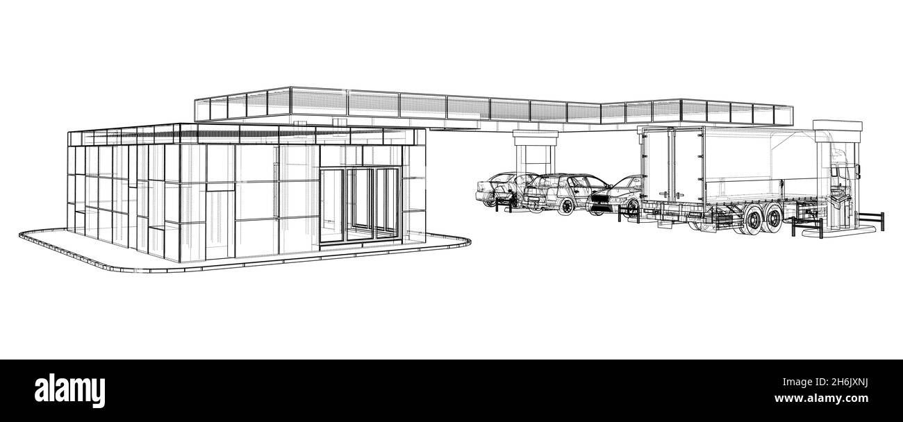 Elektroauto-Ladestation mit Autos und LKW Stockfoto