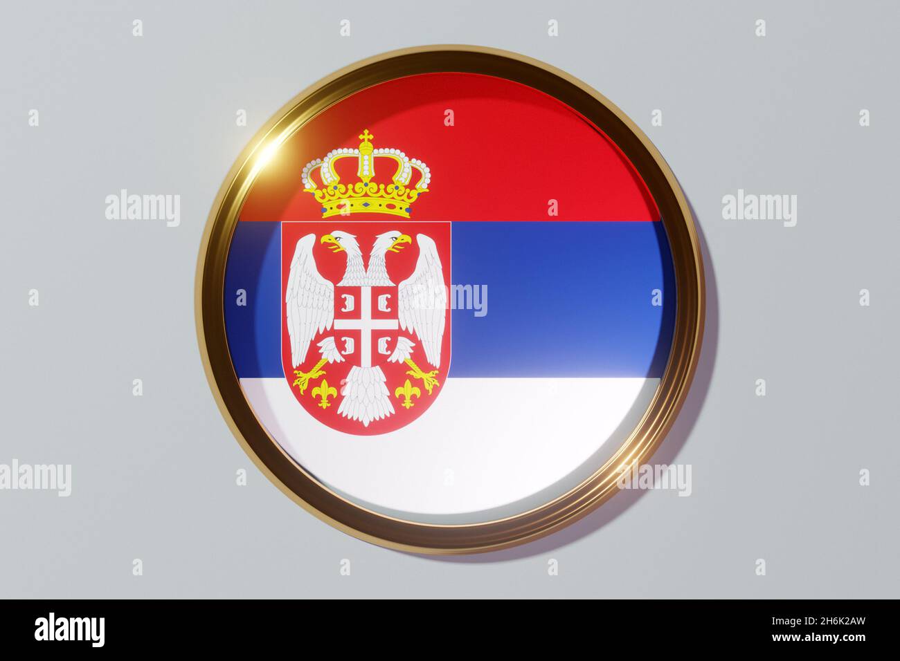 Die Nationalflagge Serbiens in Form eines runden Fensters. Flagge in Form eines Kreises. Ländersymbol. Stockfoto