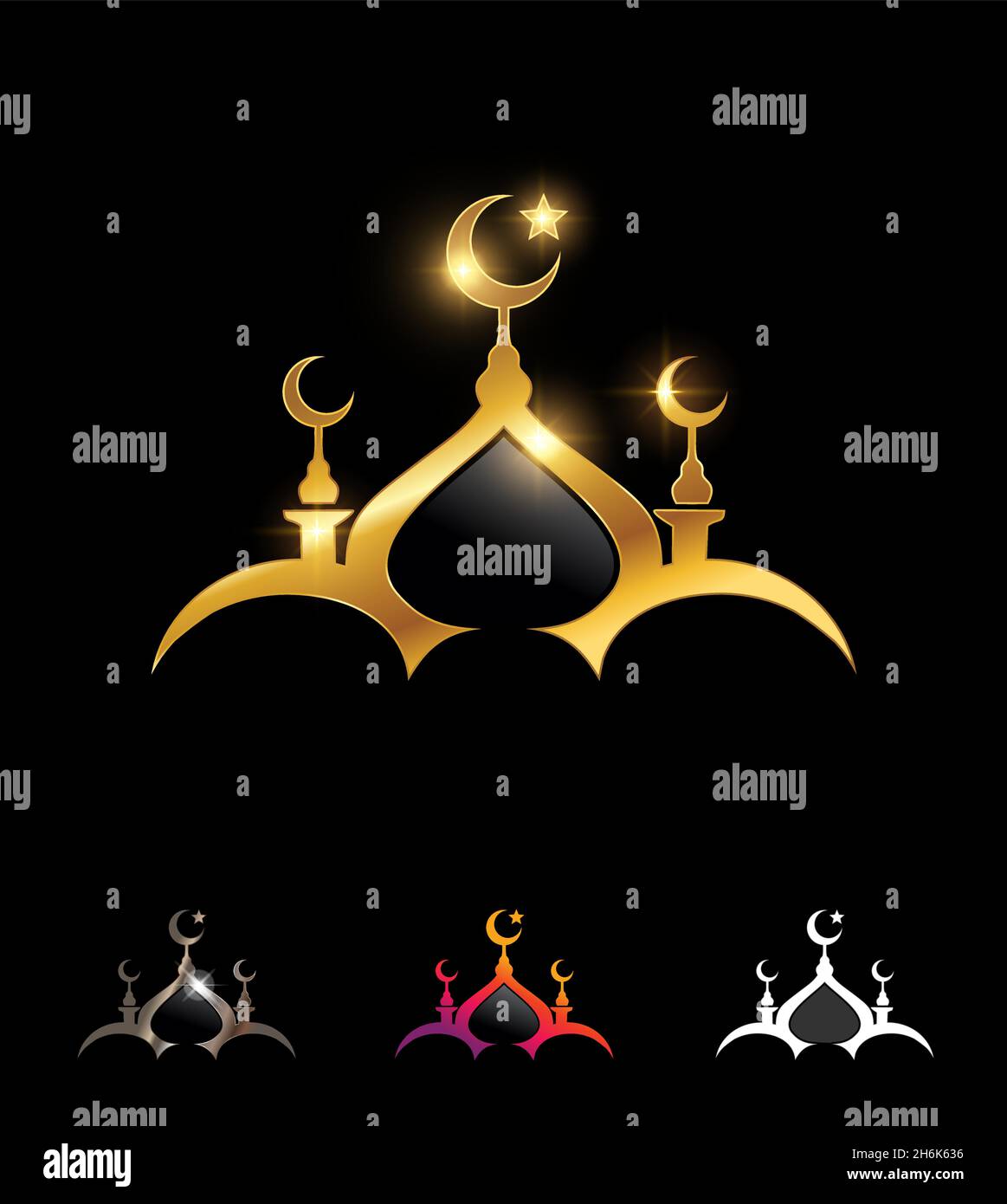 Ein Vektor-Illustration-Set von Golden Mosque Vektor-Zeichen in schwarzem Hintergrund mit Gold Glanz-Effekt Stock Vektor