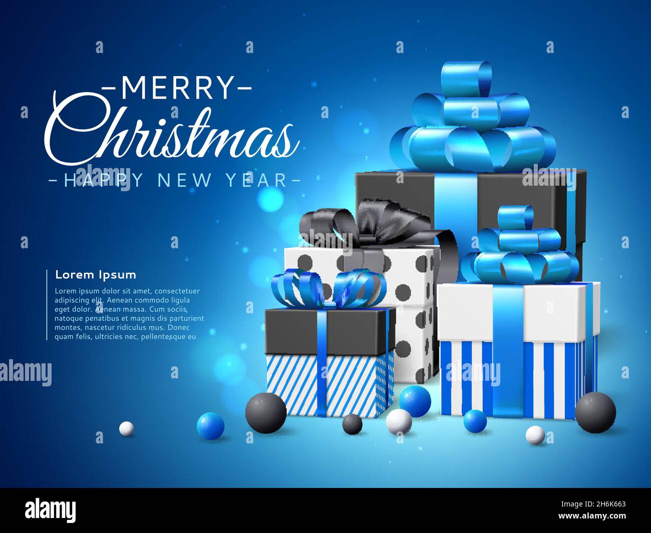 Geschenkschachteln für Weihnachten. Realistischer Stapel Neujahrsgeschenke, blaues Farbkonzept, Weihnachtsgruß-Banner, Satinbänder und Schleifen. Vektorposter Stock Vektor