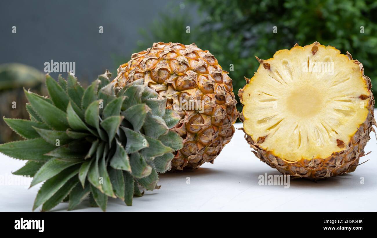 In Scheiben geschnitten und die Hälfte der Ananas (Ananas comosus) auf einem weißen Tisch mit Gartenhintergrund. Stockfoto