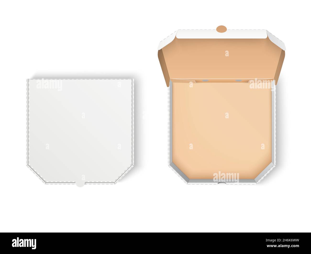 Pizza-Paket. Realistischer Karton mit abgeschrägten Ecken, leerer Lieferung Fast Food Pack, Draufsicht offener und geschlossener Behälter. Vektorset Stock Vektor