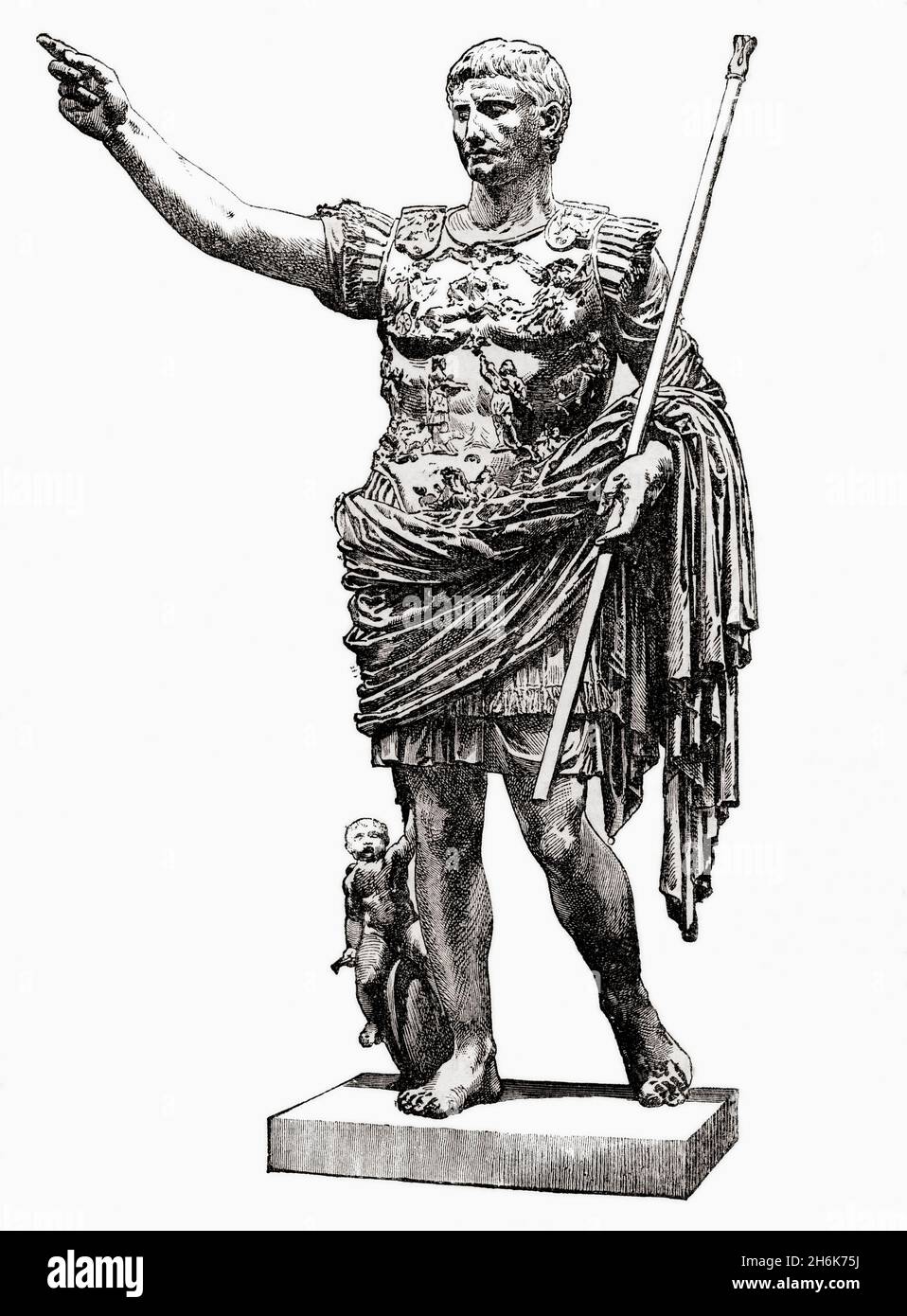 Caesar Augustus, 63 v. Chr. – 14 n. Chr., aka Octavian. Erster römischer Kaiser. Nach Augustus von Prima Porta, eine Porträtstatue von Augustus Caesar in voller Länge. Aus Cassells Illustrated Universal History, veröffentlicht 1883. Stockfoto