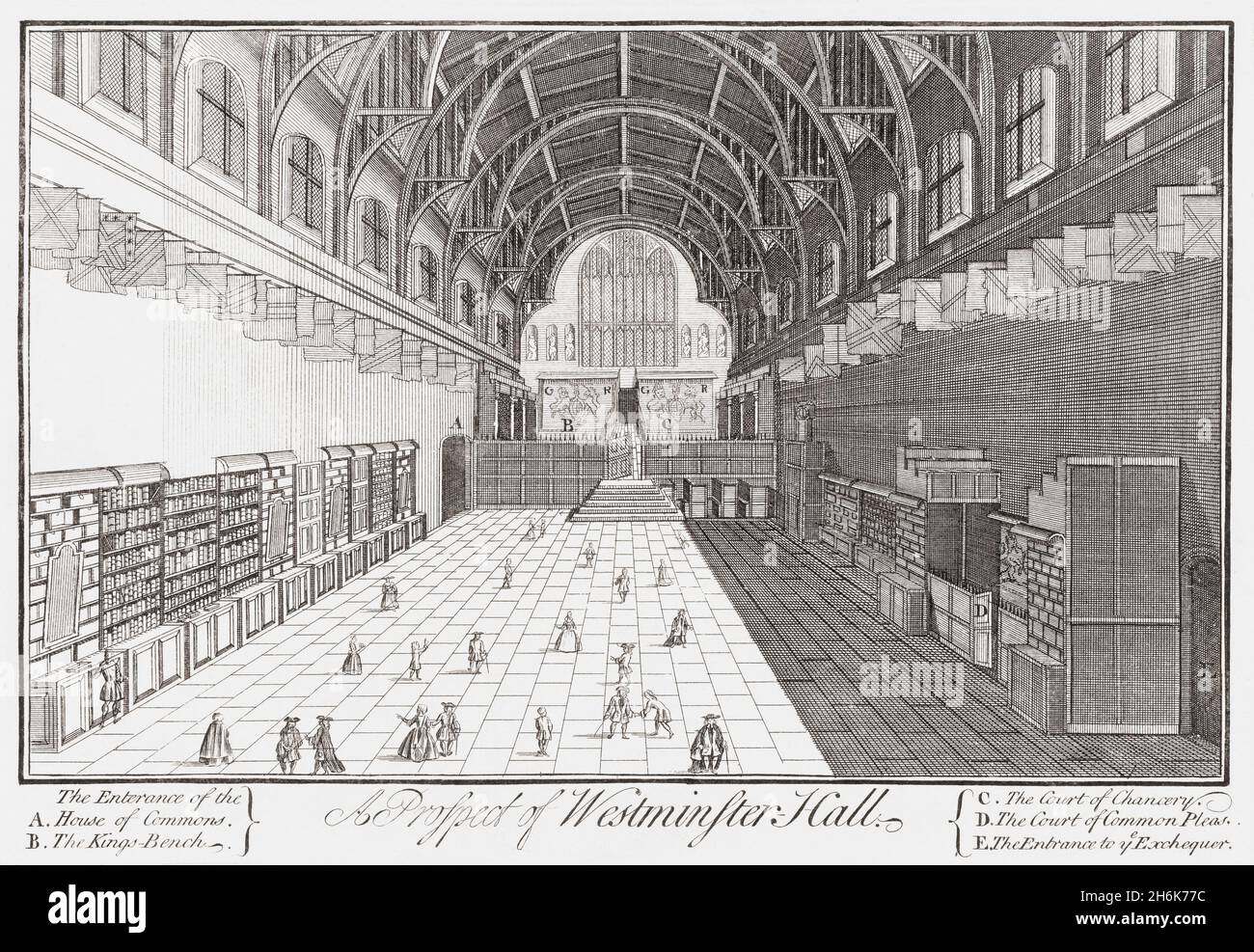 Das Innere der Westminster Hall, London, England um 1725. Die Halle ist der älteste Teil des Palastes von Westminster. Es wurde ursprünglich im Jahr 1097 gebaut. Nach einem zeitgenössischen Druck eines nicht identifizierten Künstlers. Stockfoto